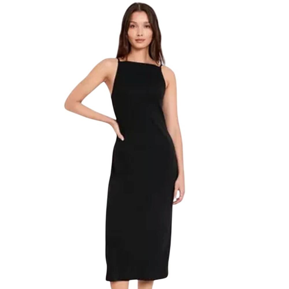 Old Navy Black Fitted Ribbed Square Neck Midi Dress Women's Medium NEW - Picture 1 of 6